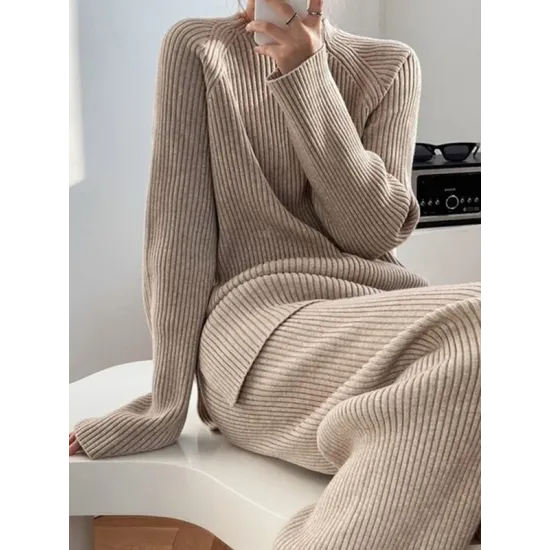 Urban Loose Solid Round-Neck Split-Side Sweater& Wide Leg Pants Suits Urban Loose Solid Round-Neck Split-Side Sweater& Wide Leg Pants Suits