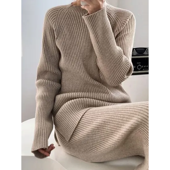 Urban Loose Solid Round-Neck Split-Side Sweater& Wide Leg Pants Suits Urban Loose Solid Round-Neck Split-Side Sweater& Wide Leg Pants Suits
