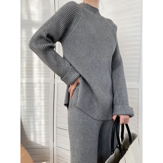 Urban Loose Solid Round-Neck Split-Side Sweater& Wide Leg Pants Suits Urban Loose Solid Round-Neck Split-Side Sweater& Wide Leg Pants Suits