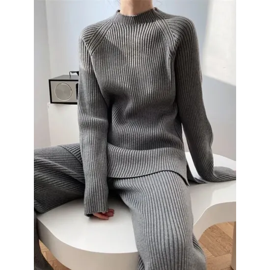 Urban Loose Solid Round-Neck Split-Side Sweater& Wide Leg Pants Suits Urban Loose Solid Round-Neck Split-Side Sweater& Wide Leg Pants Suits