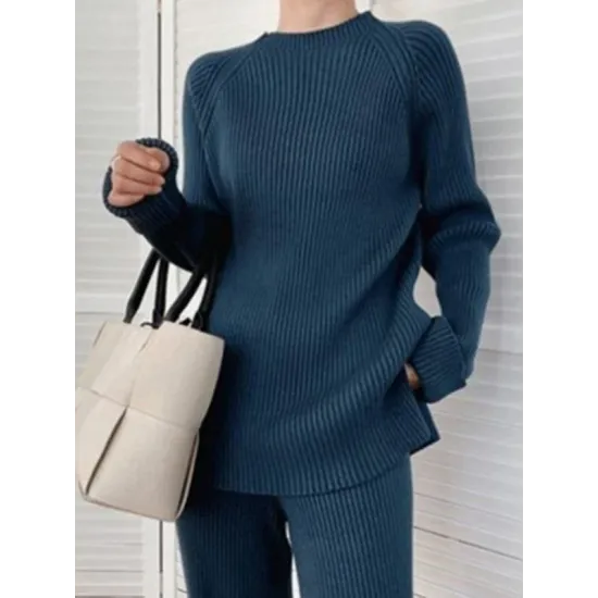 Urban Loose Solid Round-Neck Split-Side Sweater& Wide Leg Pants Suits Urban Loose Solid Round-Neck Split-Side Sweater& Wide Leg Pants Suits