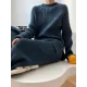 Urban Loose Solid Round-Neck Split-Side Sweater& Wide Leg Pants Suits Urban Loose Solid Round-Neck Split-Side Sweater& Wide Leg Pants Suits