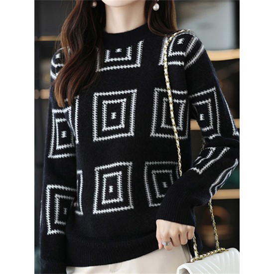 Casual Long Sleeves Loose Contrast Color Plaid Stand Collar Sweater Tops Casual Long Sleeves Loose Contrast Color Plaid Stand Collar Sweater Tops