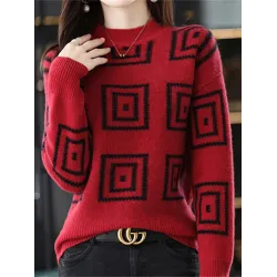 Casual Long Sleeves Loose Contrast Color Plaid Stand Collar Sweater Tops