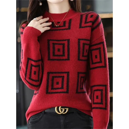 Casual Long Sleeves Loose Contrast Color Plaid Stand Collar Sweater Tops Casual Long Sleeves Loose Contrast Color Plaid Stand Collar Sweater Tops