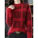 Casual Long Sleeves Loose Contrast Color Plaid Stand Collar Sweater Tops Casual Long Sleeves Loose Contrast Color Plaid Stand Collar Sweater Tops
