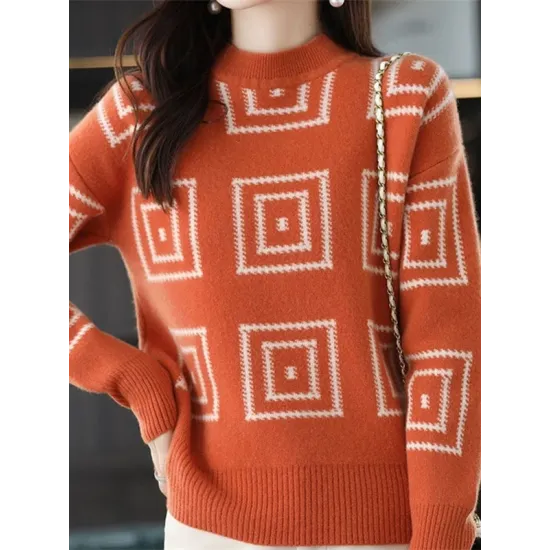 Casual Long Sleeves Loose Contrast Color Plaid Stand Collar Sweater Tops Casual Long Sleeves Loose Contrast Color Plaid Stand Collar Sweater Tops