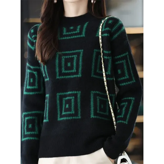 Casual Long Sleeves Loose Contrast Color Plaid Stand Collar Sweater Tops Casual Long Sleeves Loose Contrast Color Plaid Stand Collar Sweater Tops
