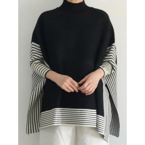 Split-Joint Split-Side Striped Batwing Sleeves Loose High Neck Sweater Split-Joint Split-Side Striped Batwing Sleeves Loose High Neck Sweater