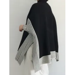 Split-Joint Split-Side Striped Batwing Sleeves Loose High Neck Sweater