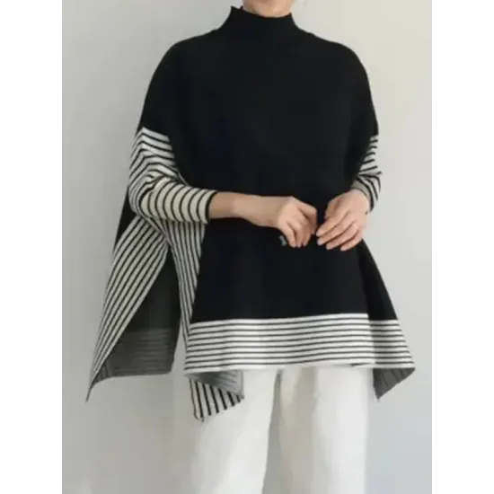 Split-Joint Split-Side Striped Batwing Sleeves Loose High Neck Sweater Split-Joint Split-Side Striped Batwing Sleeves Loose High Neck Sweater