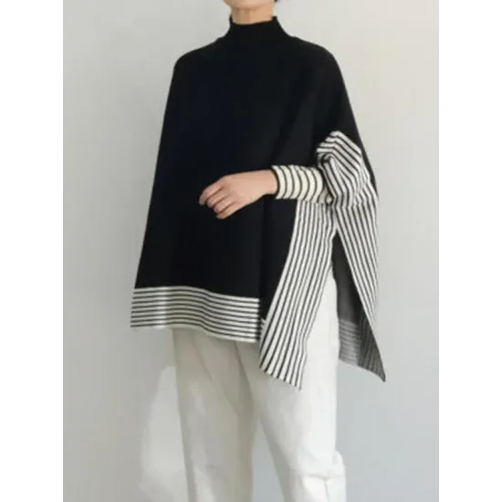 Split-Joint Split-Side Striped Batwing Sleeves Loose High Neck Sweater Split-Joint Split-Side Striped Batwing Sleeves Loose High Neck Sweater