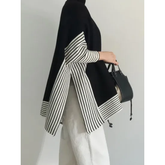 Split-Joint Split-Side Striped Batwing Sleeves Loose High Neck Sweater Split-Joint Split-Side Striped Batwing Sleeves Loose High Neck Sweater