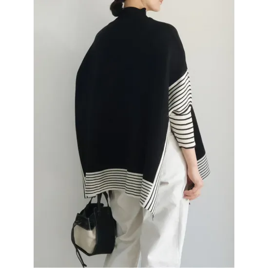 Split-Joint Split-Side Striped Batwing Sleeves Loose High Neck Sweater Split-Joint Split-Side Striped Batwing Sleeves Loose High Neck Sweater