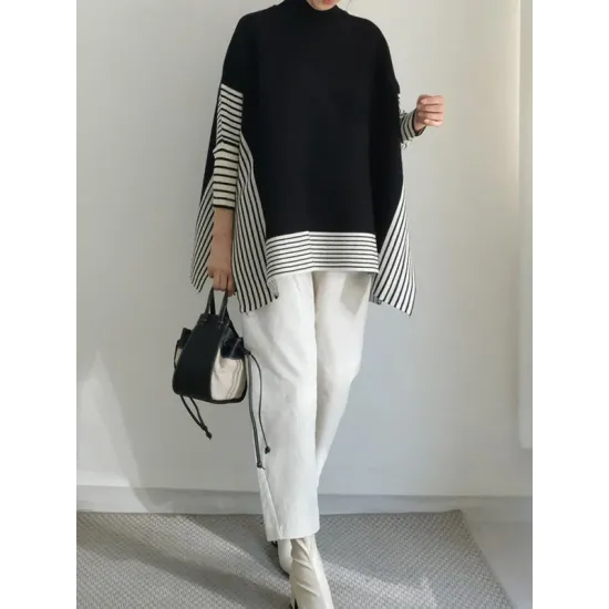 Split-Joint Split-Side Striped Batwing Sleeves Loose High Neck Sweater Split-Joint Split-Side Striped Batwing Sleeves Loose High Neck Sweater