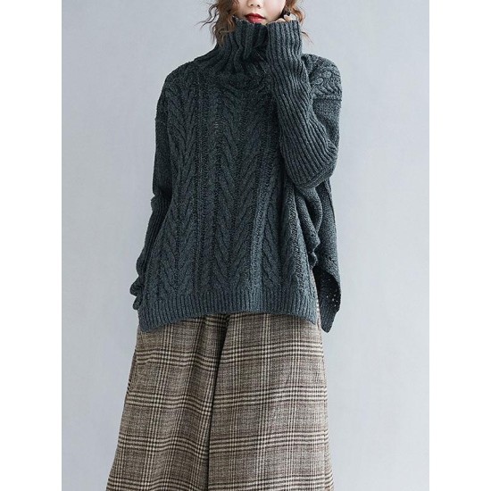 Cable- Knit High-neck Solid Loose Sweater Cable- Knit High-neck Solid Loose Sweater