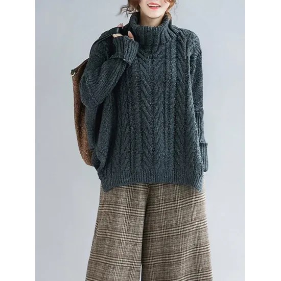 Cable- Knit High-neck Solid Loose Sweater Cable- Knit High-neck Solid Loose Sweater