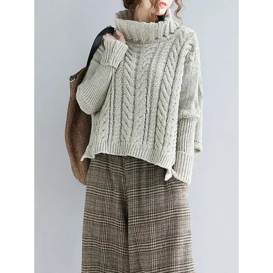 Cable- Knit High-neck Solid Loose Sweater Cable- Knit High-neck Solid Loose Sweater