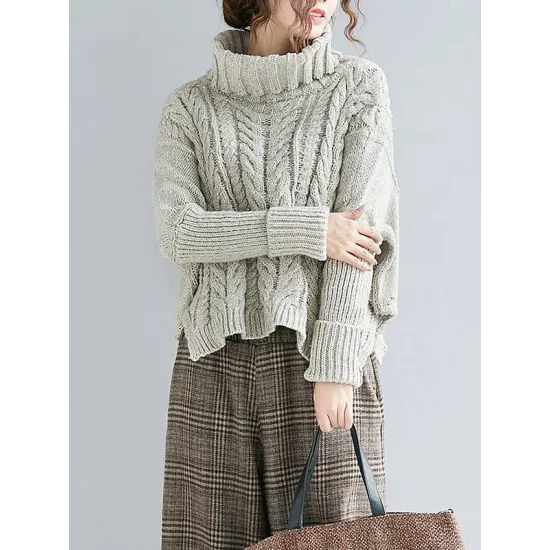 Cable- Knit High-neck Solid Loose Sweater Cable- Knit High-neck Solid Loose Sweater