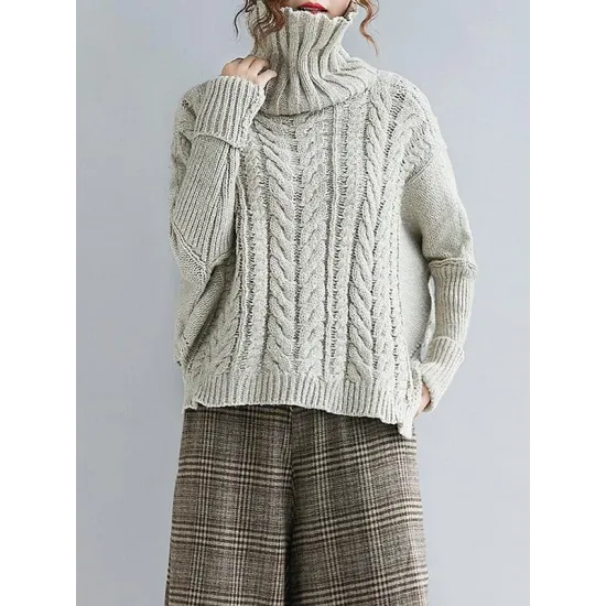 Cable- Knit High-neck Solid Loose Sweater Cable- Knit High-neck Solid Loose Sweater