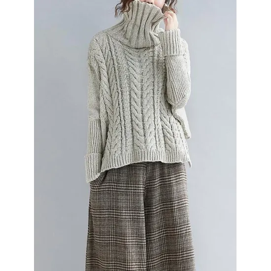 Cable- Knit High-neck Solid Loose Sweater Cable- Knit High-neck Solid Loose Sweater