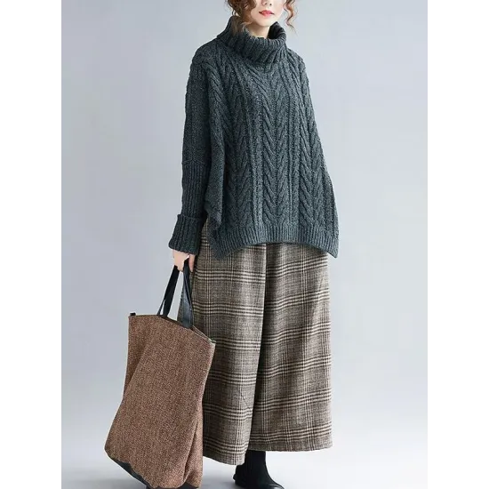 Cable- Knit High-neck Solid Loose Sweater Cable- Knit High-neck Solid Loose Sweater