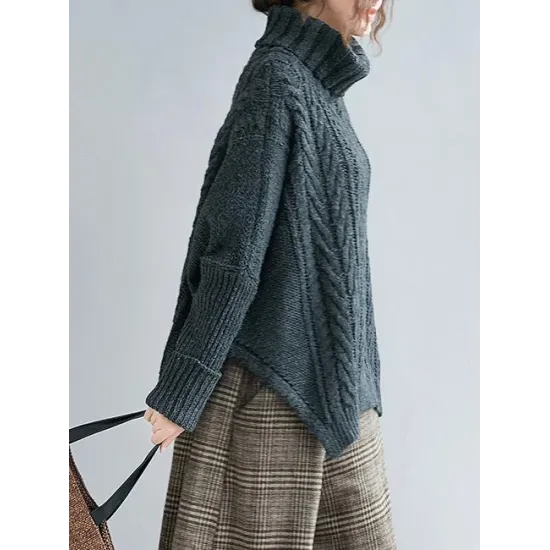 Cable- Knit High-neck Solid Loose Sweater Cable- Knit High-neck Solid Loose Sweater