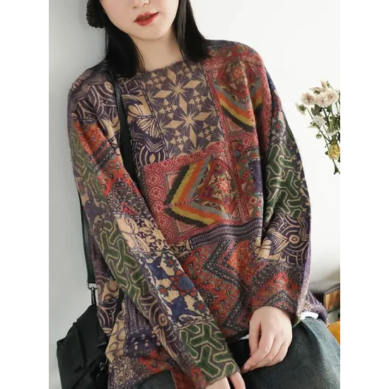 Ethnic Style Round Neck Print Sweater Ethnic Style Round Neck Print Sweater