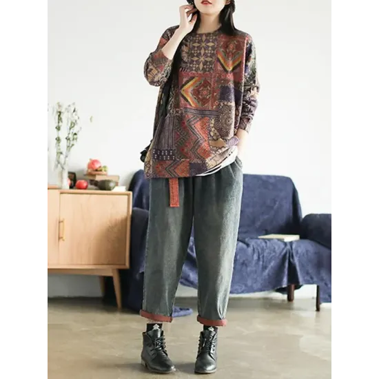Ethnic Style Round Neck Print Sweater Ethnic Style Round Neck Print Sweater