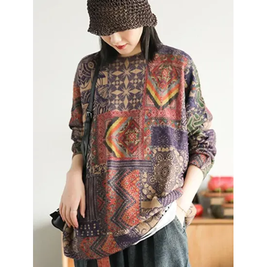Ethnic Style Round Neck Print Sweater Ethnic Style Round Neck Print Sweater
