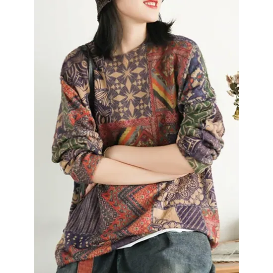Ethnic Style Round Neck Print Sweater Ethnic Style Round Neck Print Sweater