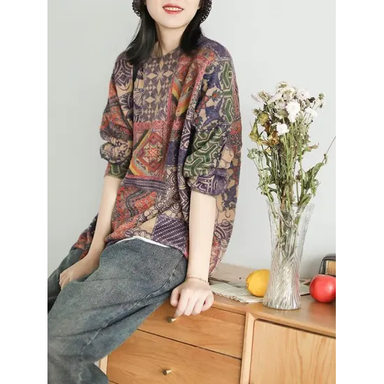 Ethnic Style Round Neck Print Sweater Ethnic Style Round Neck Print Sweater