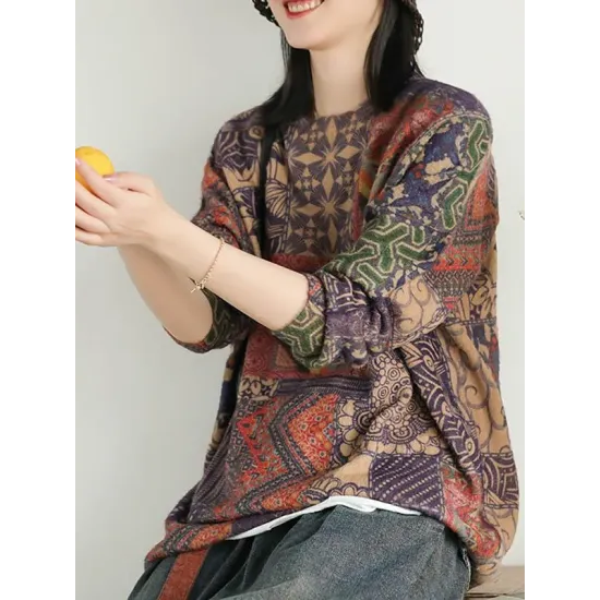 Ethnic Style Round Neck Print Sweater Ethnic Style Round Neck Print Sweater