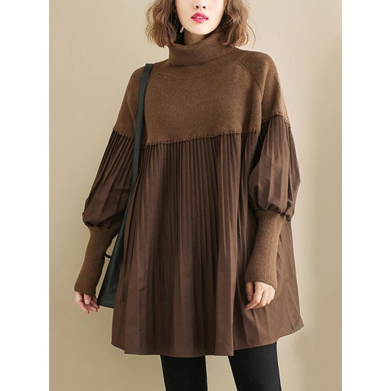 Knitting Pleats Split-Joint High-Neck Pullover Top Knitting Pleats Split-Joint High-Neck Pullover Top