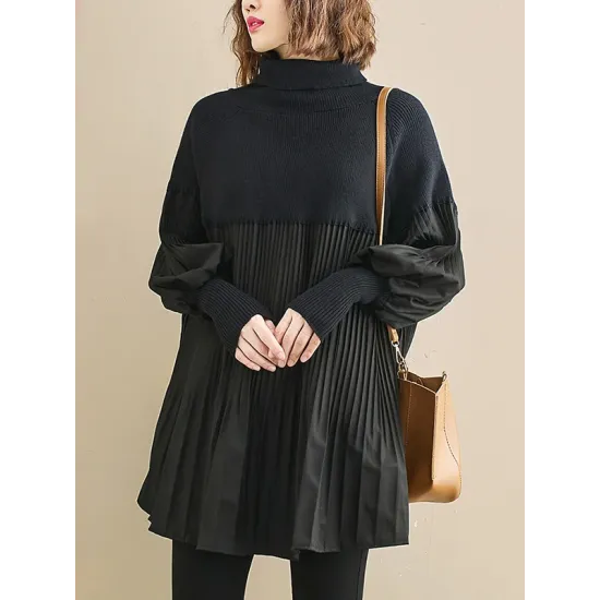 Knitting Pleats Split-Joint High-Neck Pullover Top Knitting Pleats Split-Joint High-Neck Pullover Top