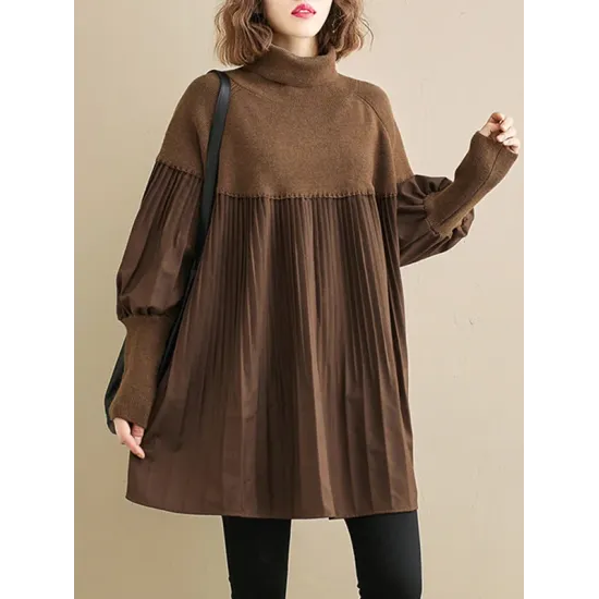 Knitting Pleats Split-Joint High-Neck Pullover Top Knitting Pleats Split-Joint High-Neck Pullover Top