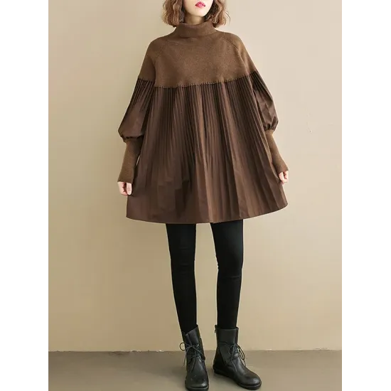 Knitting Pleats Split-Joint High-Neck Pullover Top Knitting Pleats Split-Joint High-Neck Pullover Top