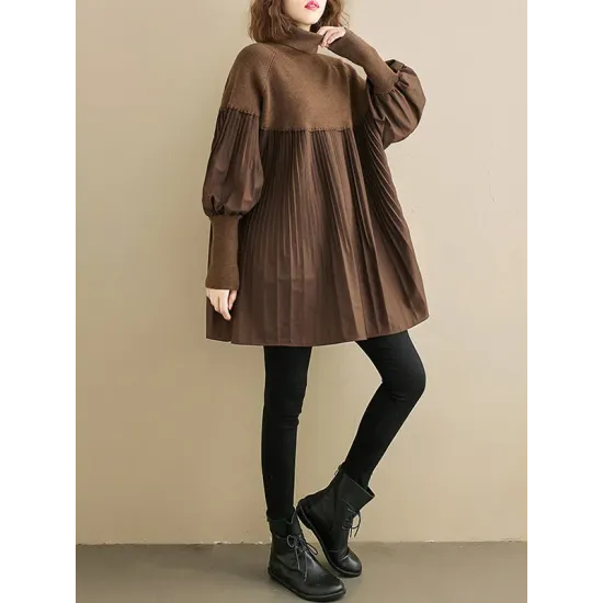 Knitting Pleats Split-Joint High-Neck Pullover Top Knitting Pleats Split-Joint High-Neck Pullover Top