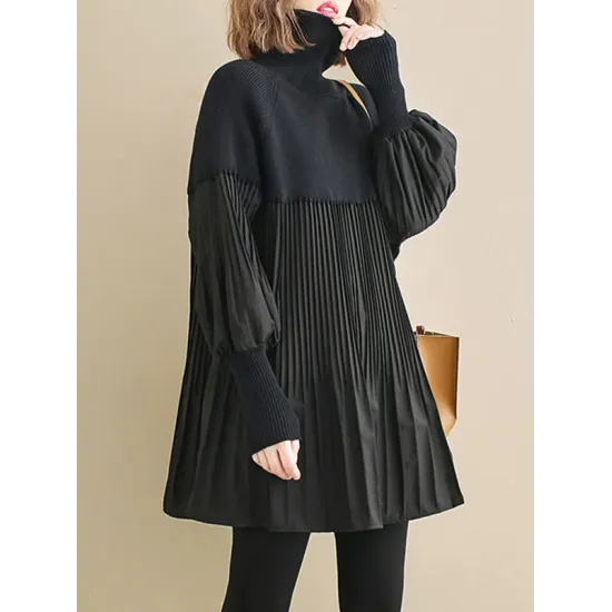 Knitting Pleats Split-Joint High-Neck Pullover Top Knitting Pleats Split-Joint High-Neck Pullover Top