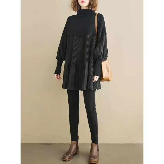 Knitting Pleats Split-Joint High-Neck Pullover Top Knitting Pleats Split-Joint High-Neck Pullover Top