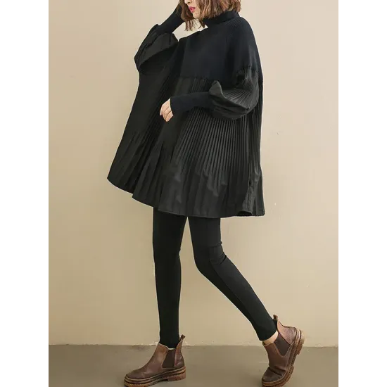 Knitting Pleats Split-Joint High-Neck Pullover Top Knitting Pleats Split-Joint High-Neck Pullover Top