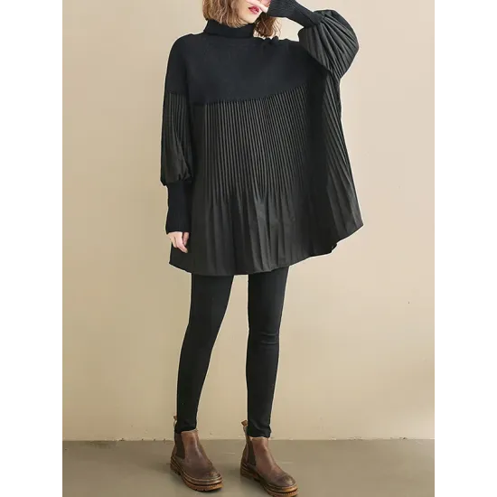 Knitting Pleats Split-Joint High-Neck Pullover Top Knitting Pleats Split-Joint High-Neck Pullover Top