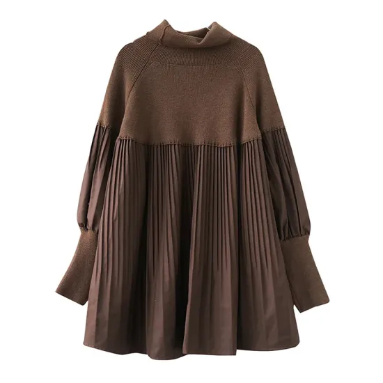 Knitting Pleats Split-Joint High-Neck Pullover Top Knitting Pleats Split-Joint High-Neck Pullover Top