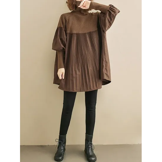 Knitting Pleats Split-Joint High-Neck Pullover Top Knitting Pleats Split-Joint High-Neck Pullover Top