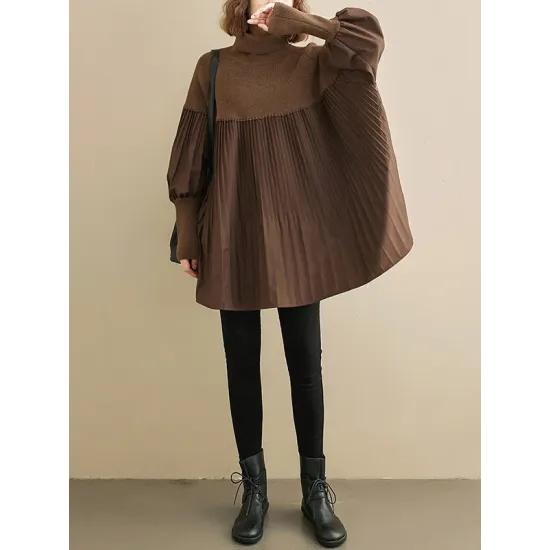 Knitting Pleats Split-Joint High-Neck Pullover Top Knitting Pleats Split-Joint High-Neck Pullover Top