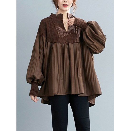 Stylish Knitting Split-Joint Puff Sleeve Shirt Pullover Top Stylish Knitting Split-Joint Puff Sleeve Shirt Pullover Top