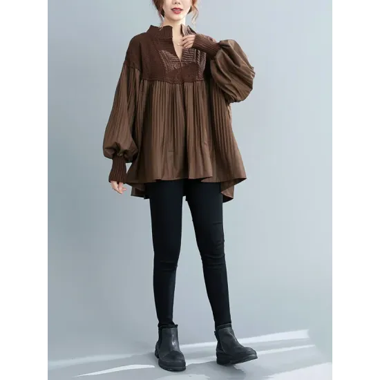 Stylish Knitting Split-Joint Puff Sleeve Shirt Pullover Top Stylish Knitting Split-Joint Puff Sleeve Shirt Pullover Top