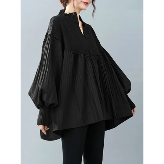 Stylish Knitting Split-Joint Puff Sleeve Shirt Pullover Top Stylish Knitting Split-Joint Puff Sleeve Shirt Pullover Top