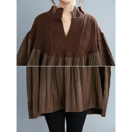 Stylish Knitting Split-Joint Puff Sleeve Shirt Pullover Top Stylish Knitting Split-Joint Puff Sleeve Shirt Pullover Top