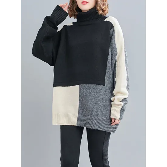 Stylish Split-Joint High-Neck Knitting Sweater